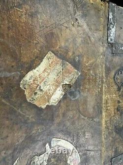 Primitive METAL BOUND LEATHER STAGECOACH TRUNK Tooled Design Forged Hardware