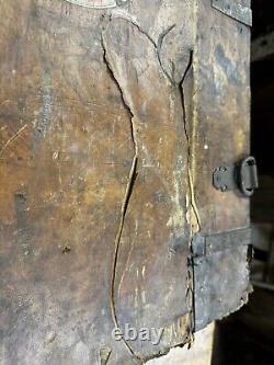 Primitive METAL BOUND LEATHER STAGECOACH TRUNK Tooled Design Forged Hardware