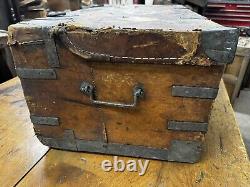 Primitive METAL BOUND LEATHER STAGECOACH TRUNK Tooled Design Forged Hardware