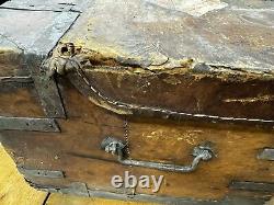 Primitive METAL BOUND LEATHER STAGECOACH TRUNK Tooled Design Forged Hardware