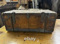 Primitive METAL BOUND LEATHER STAGECOACH TRUNK Tooled Design Forged Hardware