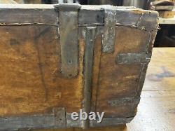 Primitive METAL BOUND LEATHER STAGECOACH TRUNK Tooled Design Forged Hardware