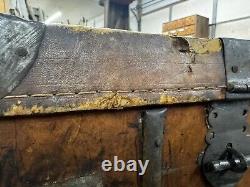 Primitive METAL BOUND LEATHER STAGECOACH TRUNK Tooled Design Forged Hardware