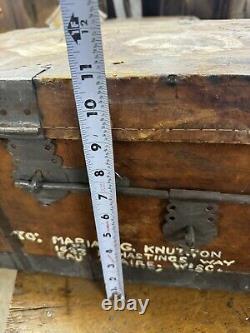 Primitive METAL BOUND LEATHER STAGECOACH TRUNK Tooled Design Forged Hardware