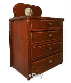 RARE MID-LATE 19TH C ANTIQUE PAINTED CHILD'S CHEST, WithBACKSPLASH & BRASS PULLS