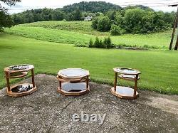 RARE Octagonal Late Mid-Century Modern/70s Solid Oak/Smoke Glass Tables Swivel