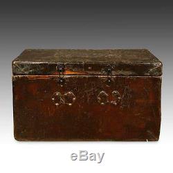 Rare Antique Trunk Leather Wood Brass Tibet Chinese Furniture Late 18th C
