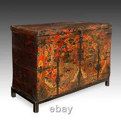 Rare Antique Trunk Painted Pine Iron Dragon Tibet Chinese Furniture 18th C