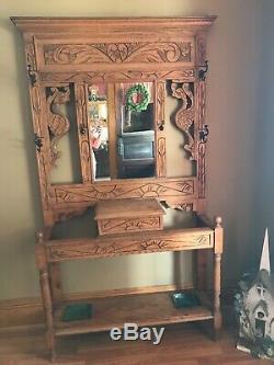 Rare Carved Oak Antique Hall Tree Late 1800s Early 1900s Dragon Sun