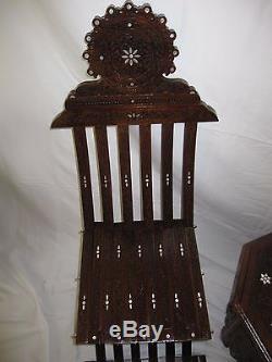 Rare Vintage Handcrafted 2 chairs & table Late 19th Mother of Pearl Wood Syrian