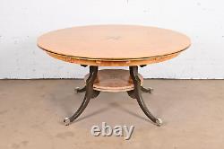 Regency Burl Wood Inlaid Round Pedestal Extension Dining Table, Newly Refinished