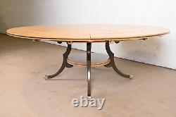 Regency Burl Wood Inlaid Round Pedestal Extension Dining Table, Newly Refinished