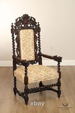 Renaissance Revival Antique Carved Oak Throne Armchair