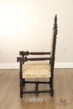 Renaissance Revival Antique Carved Oak Throne Armchair