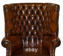 Restored Late Victorian Chesterfield Porters Wingback Armchair Brown Leather
