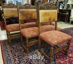 Set of 6 Antique Walnut Dining Chairs w Leather Back Italian late 1800's