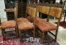 Set of 6 Antique Walnut Dining Chairs w Leather Back Italian late 1800's