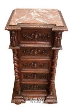 Solid oak French Hunt Night Stand dating from late 19th century with Marble top