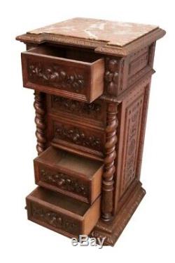Solid oak French Hunt Night Stand dating from late 19th century with Marble top