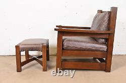 Stickley Mission Arts & Crafts Oak and Leather Lounge Chair With Ottoman