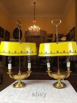 Stunning Late C20th Pair GiltMetal Empire Yellow Toleware Shade Bouillotte Lamps