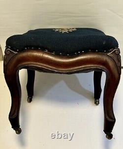 Victorian Blue Needlepoint Footstool Carved Walnut Base W Casters Brass Tacks