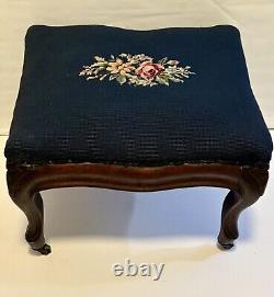 Victorian Blue Needlepoint Footstool Carved Walnut Base W Casters Brass Tacks