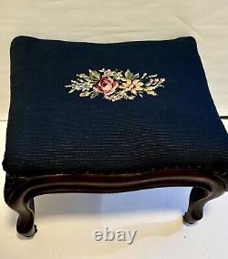 Victorian Blue Needlepoint Footstool Carved Walnut Base W Casters Brass Tacks