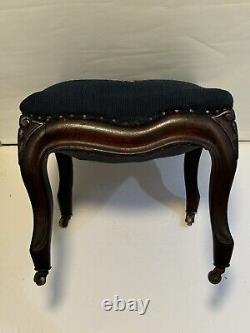 Victorian Blue Needlepoint Footstool Carved Walnut Base W Casters Brass Tacks