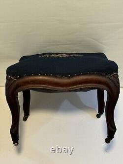 Victorian Blue Needlepoint Footstool Carved Walnut Base W Casters Brass Tacks