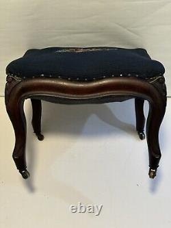 Victorian Blue Needlepoint Footstool Carved Walnut Base W Casters Brass Tacks