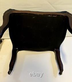 Victorian Blue Needlepoint Footstool Carved Walnut Base W Casters Brass Tacks