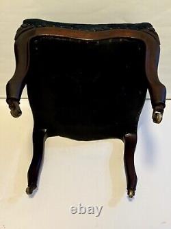 Victorian Blue Needlepoint Footstool Carved Walnut Base W Casters Brass Tacks