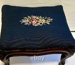 Victorian Blue Needlepoint Footstool Carved Walnut Base W Casters Brass Tacks