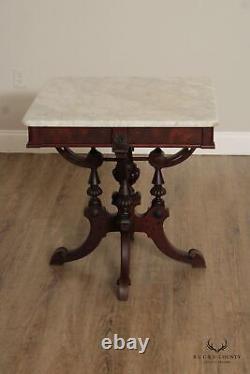 Victorian Eastlake Antique Marble Top Walnut Parlor Table