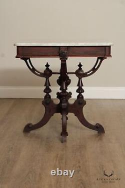 Victorian Eastlake Antique Marble Top Walnut Parlor Table