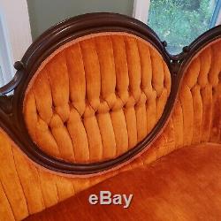 Victorian Late 1800s Antique Loveseat Settee Sofa Orange Velvet Sofa Will Ship