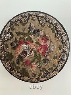 Victorian Needlepoint & Floral Beaded Round Foot Stool 11.5 Wide, Late 1800's
