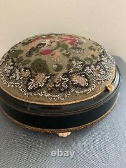 Victorian Needlepoint & Floral Beaded Round Foot Stool 11.5 Wide, Late 1800's