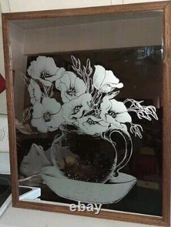 Vintage 1970s Floral Etched Oak Wood Framed Mirror 29.5 Inches by 23.5 Inches