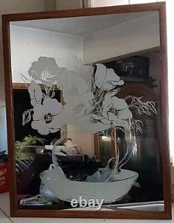 Vintage 1970s Floral Etched Oak Wood Framed Mirror 29.5 Inches by 23.5 Inches