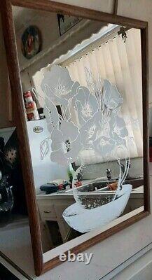 Vintage 1970s Floral Etched Oak Wood Framed Mirror 29.5 Inches by 23.5 Inches