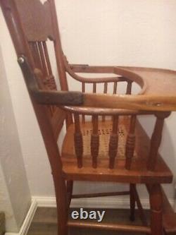 Vintage Antique Solid Oak Victorian High Chair Late 1800's Caned Seat