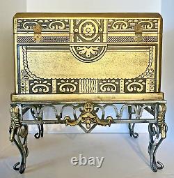 Vintage Chinese Distressed Gold Metallic Wood Chest on Decorative Iron Stand