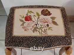 Vintage Floral Needlepoint in Cord Frame Leopard Velvet with Tassles Footstool