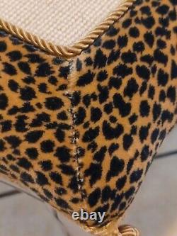 Vintage Floral Needlepoint in Cord Frame Leopard Velvet with Tassles Footstool