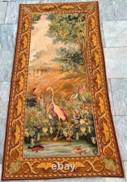 Vintage French Tapestry Swan & Fishes Pictorial Wall Hanging Home Decor 2x5 ft