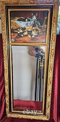 Vintage Gold Framed Mirror With Cat Painting Above