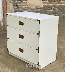 Vintage Hollywood Regency White Lacquer & Gold Campaign Chest Low Dresser