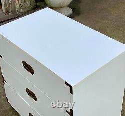 Vintage Hollywood Regency White Lacquer & Gold Campaign Chest Low Dresser